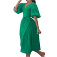 thumbnail image 1 of Robes d'Été pour Femmes 2023 Col en V Portefeuille Manches Bouffantes Boho Robe Midi Taille à Nouer Fendue Décontractée Unie Plage Soleil Robes, 1 of 6