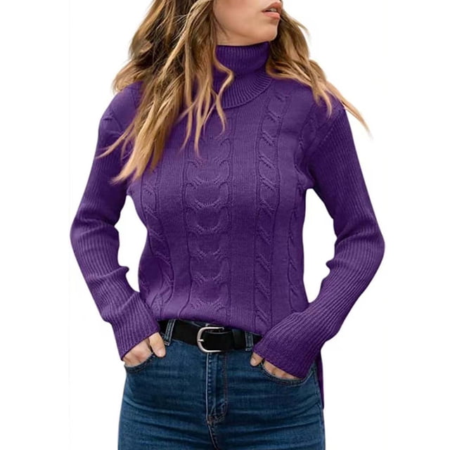 Mrat Hauts Tricotés pour Femmes Femmes Décontracté Mode Chandail à Enfiler Manches Longues Col Rond Chandail Hauts d'Automne Hiver pour Femmes P-110 Violet TG