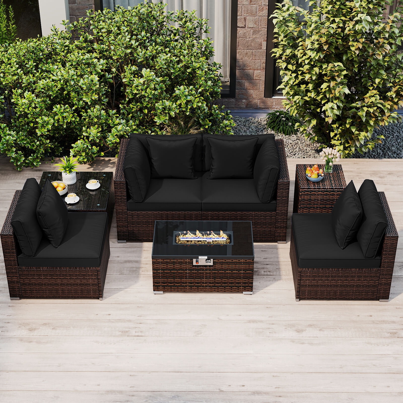 Costway 7 PCS Patio Furniture Set 40,000 BTU Gas Fire Pit Table Propane Tank Cover Table Mix Brown + Black
