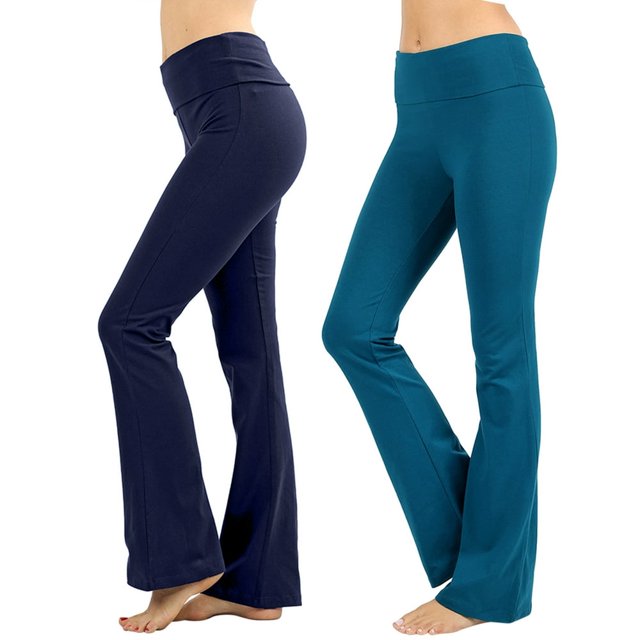 CHUANK Womens & Plus Stretch Cotton Fold-Over High Waist Bootcut Workout Flared Yoga Pants