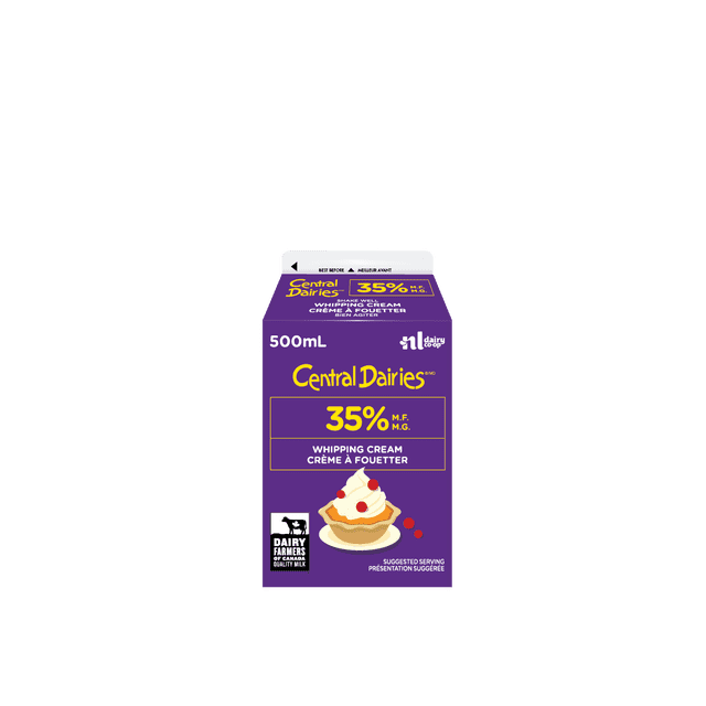 Central Dairies by Natrel Crème Fouettée 35 % carton de 500 ml en Violet avec Texte Jaune, Présentant 35 % de Matières Grasses du Lait, Étiquetage Bilingue Anglais et Français, logo de Lait de Qualité Dairy Farmers of Canada, et une illustration de Crème Fouettée sur une Tarte avec des Baies Rouges comme Suggéré pour le Service, Convient pour Rehausser les Recettes de Cuisine et de Pâtisserie.