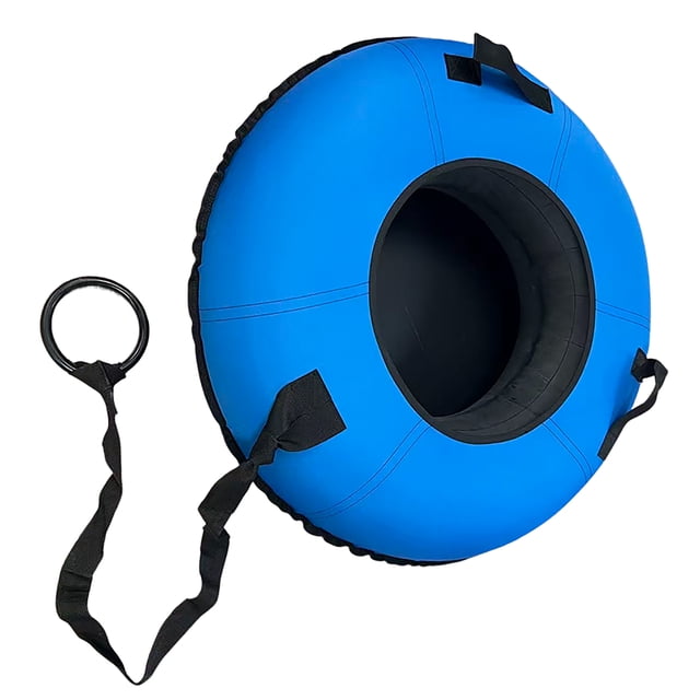 Toytexx Inflatable Snow Tube with Pull Strap, Heavy-Duty Handles, and Comfortable Inner Seat – 90 cm large sled in blue and black. Made with cold-resistant fabric, it features reinforced grab handles for secure sledding and a 130 cm pull strap with ring handle for easy towing. Perfect for snow tubing, sledding, and winter fun on backyard slopes, park hills, or ski resort tubing areas.