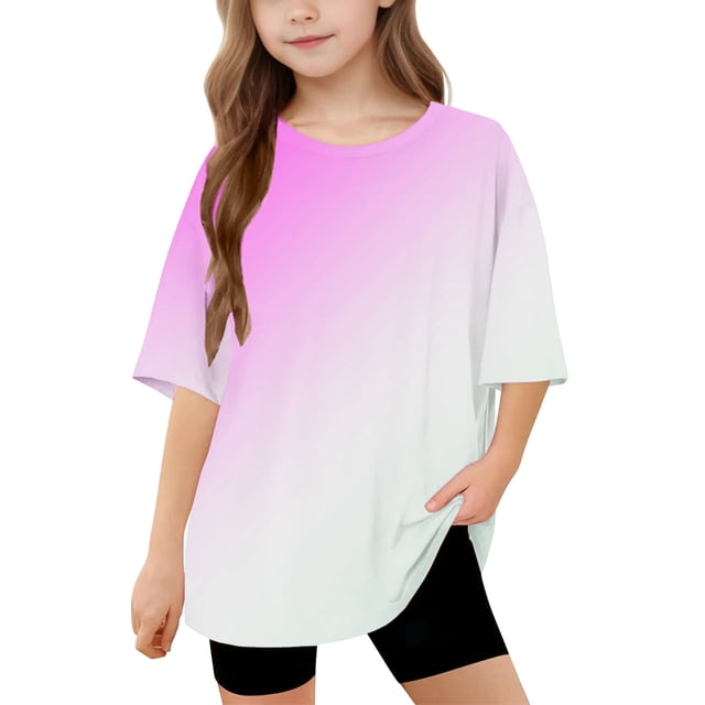DecSea Girls Short Sleeve T shirt Kids Summer Oversized Gradient Crew Neck Tops Casual Basic Tee 5-14Years