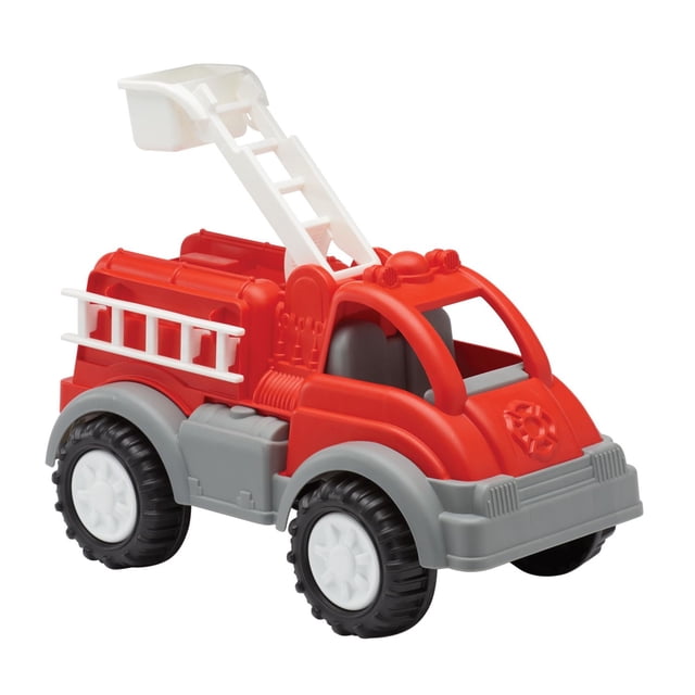 American Plastic Toys Gigantic Fire Truck toy with red and gray BPA-free plastic body, large black knobby wheels with white hubs, white extendable bucket ladder, removable ladders, and metal axles. Over two feet long, designed for indoor and outdoor play.