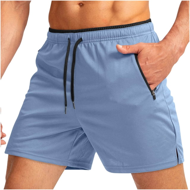 Plebaso Men's Gym Workout Shorts with Zipper Pockets Casual Drawstring Breathable Beach Shorts for Men
