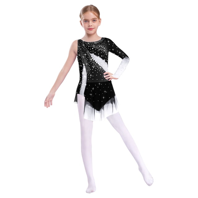 Freebily Robe de Danse de Patinage Artistique à Manches Longues pour Filles avec Strass, Combinaison de Gymnastique, Noir 16