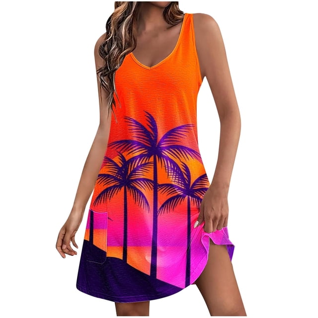 Penkiiy Robe d'Été Décontractée pour Femme avec Poches, Robe Bohème de Plage d'Été, Robe T-Shirt à Fleurs, Col en V, Robe Débardeur Ample, S Orange