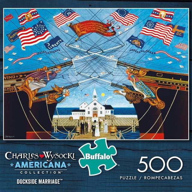 Buffalo Games - Collection Americana - Mariage sur le Quai - Casse-Tête de 500 Pcs Représentant Deux Navires Amarrés avec des Fiançailles Croisées Mettant en Vedettes des Drapeaux Américains Historiques et des Figurines Sculptées, une Fête de Mariage Rassemblée sur une Jetée devant une Église Blanche au Bord de l'Eau sous un Ciel Bleu, Casse-Tête Taille 21,25 par 15 Pouces, Fabriqué en Carton Recyclé avec des Pièces Découpées avec Précision pour un Ajustement Parfait, Comprend une Affiche bonus Pleine Couleur,