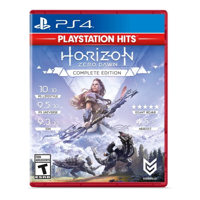 Horizon Zero Dawn: COMPLETE EDITION PS4 game cover showing Aloy with a bow in a snowy mountainous open world, facing robotic creatures, featuring PlayStation Hits branding and Guerrilla logo.