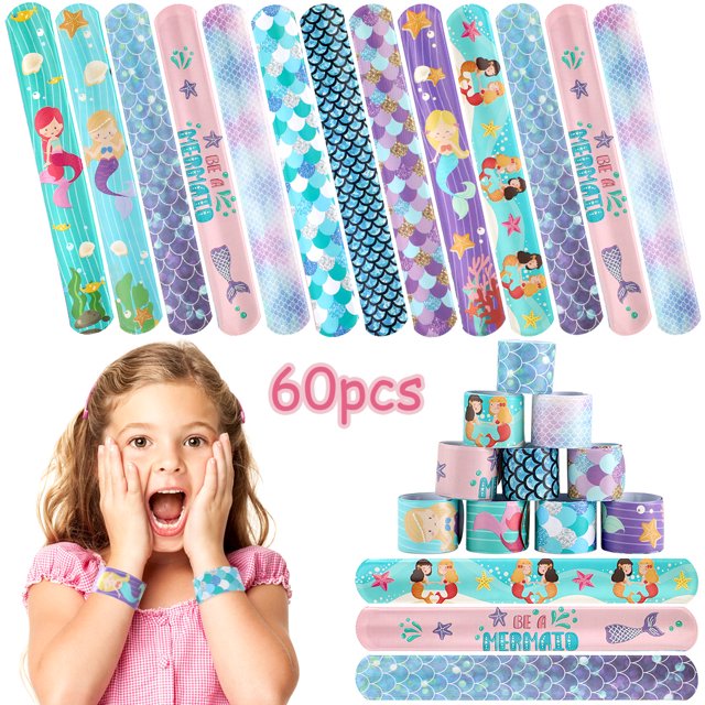 60PCS Slap Bracelet Mermaid Printed Party Wrist Strap Slap Bands for Party Favor