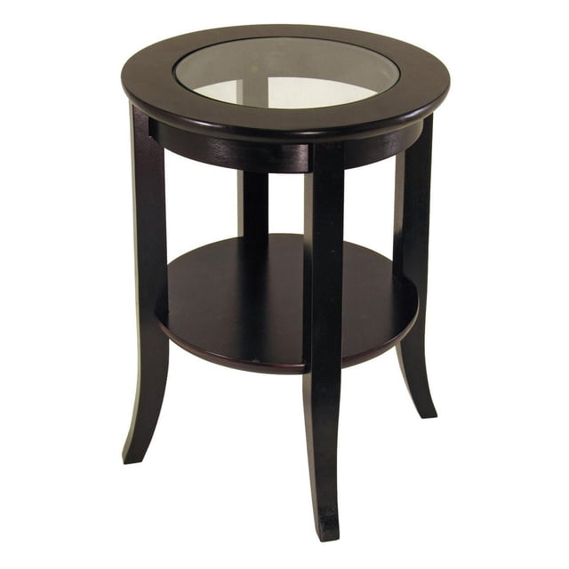 92218- Genoa Table d'Appoint avec Cadre Rond en Bois Foncé, Pattes Légèrement Évasées et Dessus en Verre Rond Incrusté Mesurant 12,1 Pouces de Diamètre, avec une Tablette Circulaire Inférieure pour le Rangement, Dimensionnée 18,4 Pouces de Large par 22,5 Pouces de Haut, Idéale pour le Salon Ou les Pièces Familiales et Souvent Utilisée comme surface Compacte d'Exposition Ou de Rangement.