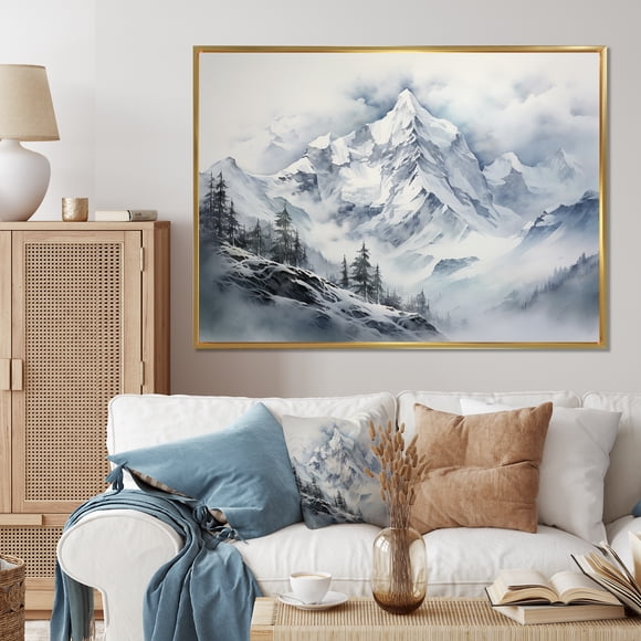 Designart Mountains framed wall art decor, Landscape Mountains framed wall art, Minimalism Winter Mountains Summit painting I , Extra large Traditional black framed wall art, 44x34 inches black frame