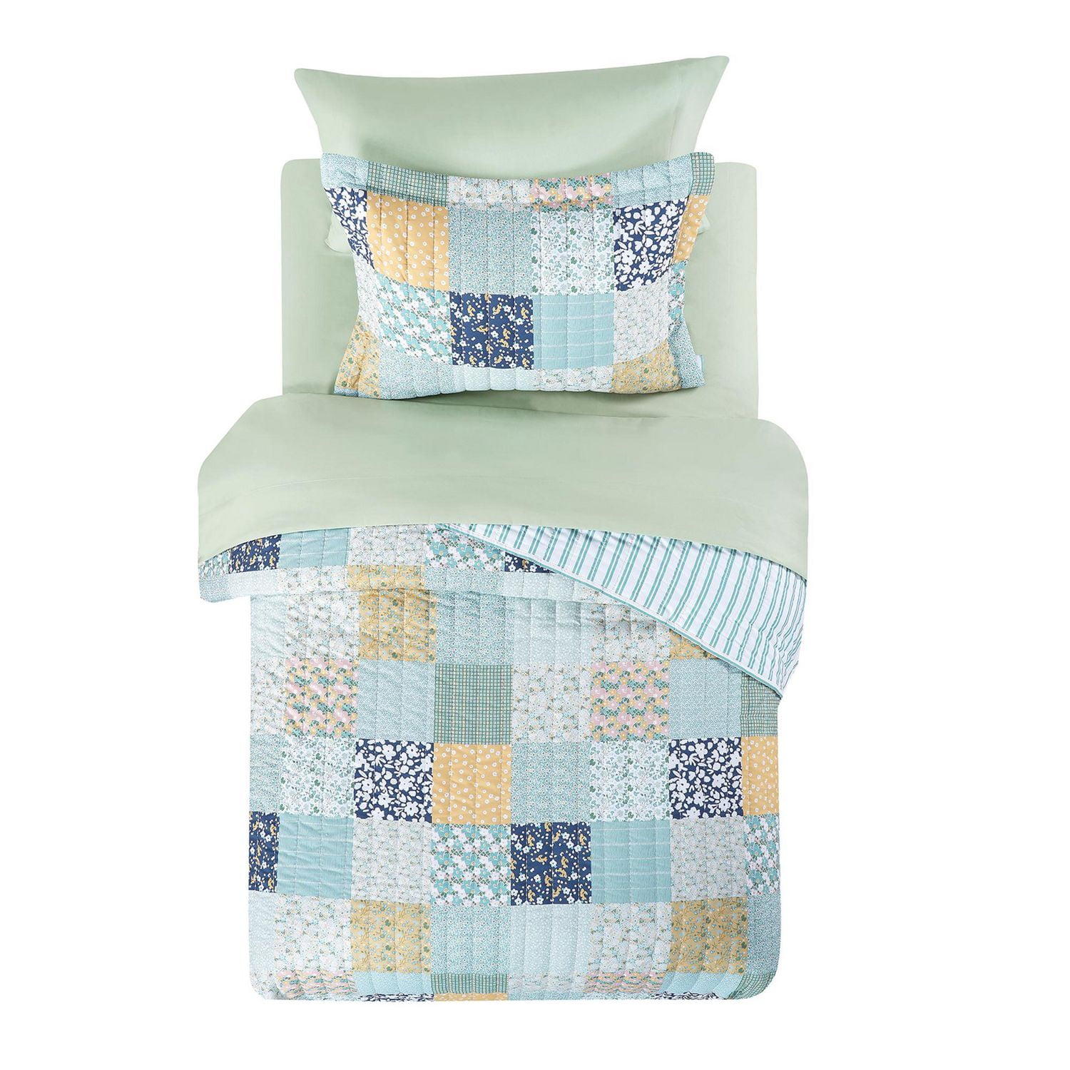 Mainstays Ensemble courtepointe et drap-housse légers tout-en-un - 7 pièces, Lit 2 PL, Patchwork