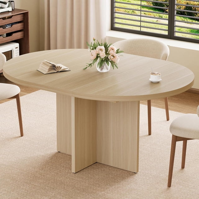 Table à Manger Extensible de 43,3 Pouces-59 Pouces pour 4 à 8, Table de Cuisine Ronde à Ovale avec Rangement Caché et Base Croisée Robuste, Table Moderne pour Salle à Manger et Salon, Rallonges Amovibles, Bois Naturel