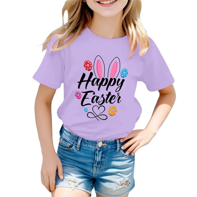 PMVFHDE Tenue de Pâques Fille T-Shirt Graphique de Pâques / Imprimé Lapin et Oeuf Manches Courtes Col Ras du Cou / T-Shirt de Fête en Coton Doux pour Tout-Petit / Tenue Décontractée Printemps Été Violet,6-7 Ans