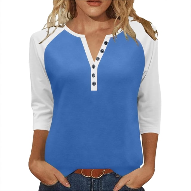 T-shirts pour Femmes T-Shirt Raglan à Boutons pour Femmes à Col en V à Manches Trois Quarts à Manches 3/4 Haut Ample Bleu P