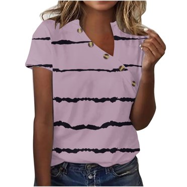 T-Shirt d'Été Uni pour Femme à Col en V, Manches Courtes, Boutonné, Blouse Décontractée, T-Shirt en Coton Confortable pour le Quotidien, Haut Léger et Stylé pour Temps Chaud et Tenues Décontractées