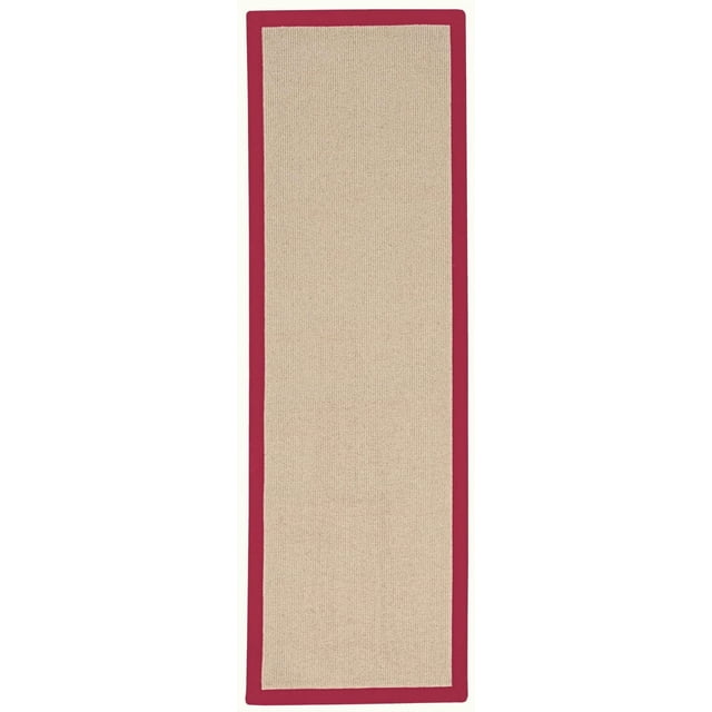 Athena Natural & Red 2'6" x 12' Runner rug with a natural wool textured center and red cotton binding with mitered corners, suitable as a durable hallway or bathroom runner rug that adds warmth and defines room spaces.