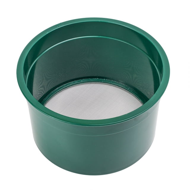 Gold Rush Sifting Classifier Sieve Mini 6 Inch Prospect Pan with 40 holes per square inch. The sieve features a durable green plastic frame and a 304 stainless steel wire mesh for effective material classification. Ideal for gold prospecting, gem collecting, and lab testing, its compact 6-inch diameter design is stackable and easy to store.