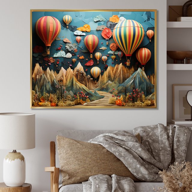 Designart art Mural Encadré Montgolfière Surdimensionnée, art Mural Encadré Montgolfière, composition de Montgolfière Colorée, art Mural Encadré Moderne Multicolore Doré, Cadre Doré 20x12 Pouces