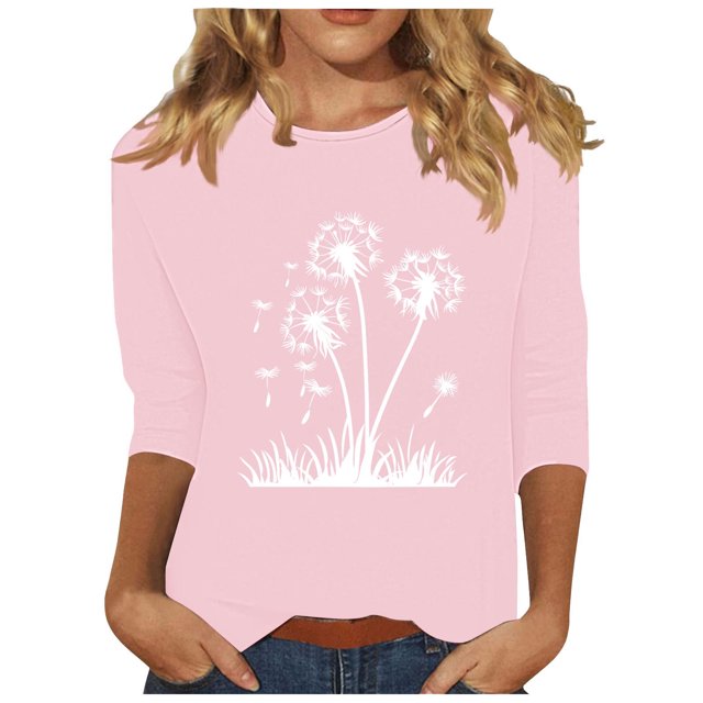 Plebaso Hauts pour Femmes Manches 3/4 Chemises Décontractées Imprimées Tunique à Col Ras du Cou Hauts Chandails Blouses pour Femmes