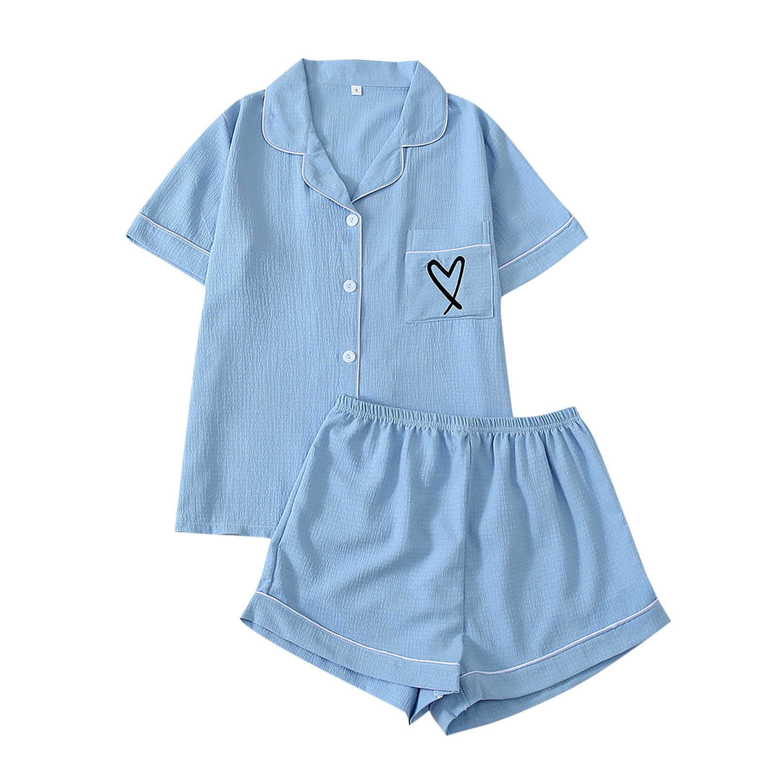 cfhntfmh Womens Pajama Sets Pj Set Cute Heart Print Short Sleeve Button down Shirt with Shorts 2 Piece Pjs Set