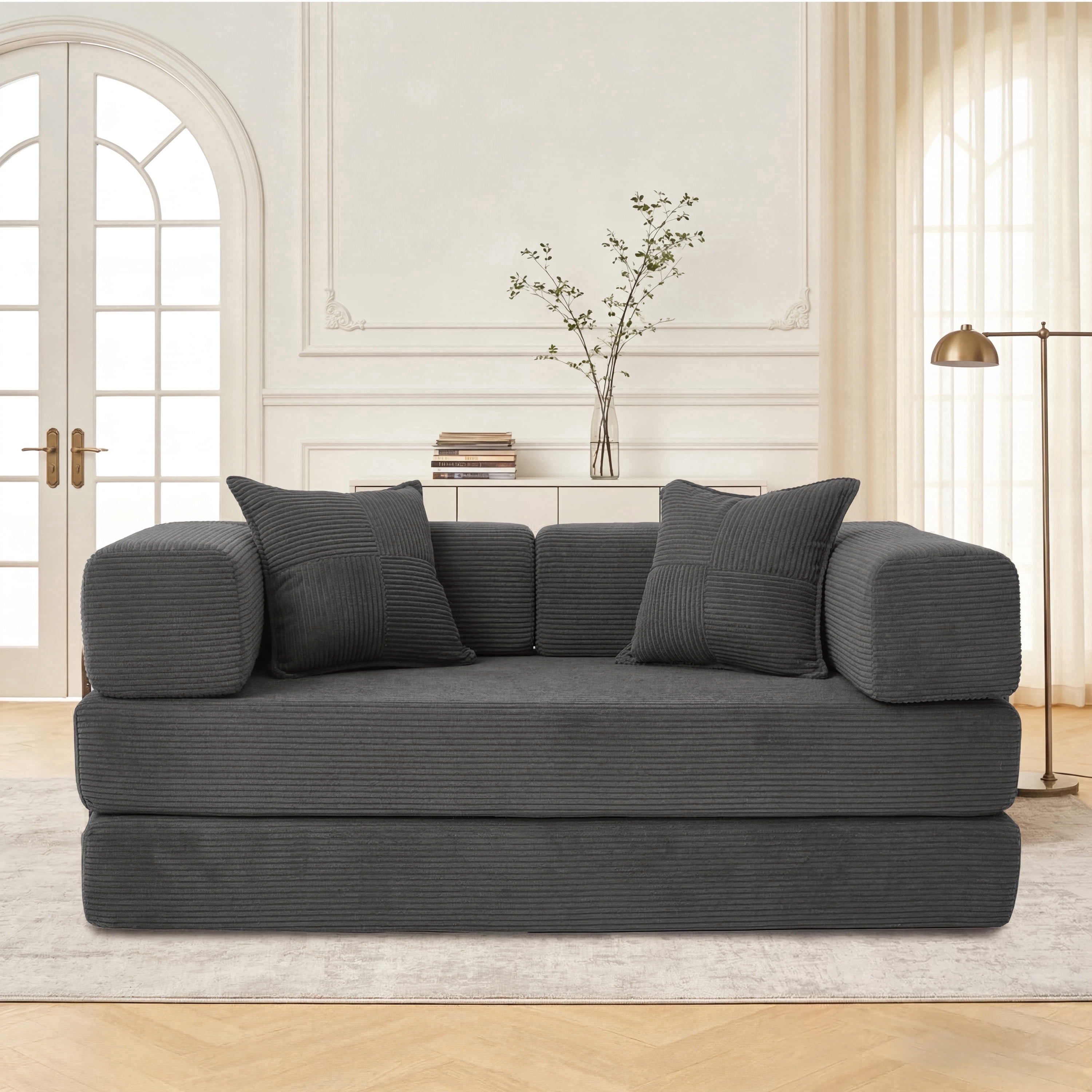 5-in-1 Folding Convertible Sofa Bed,63 Inch Oversized Corduroy Upholstered Boneless Couch, Love seat Sleeper With Pull Out Bed, Floor Sofa Modular Futon Couch For Small Apartment,Living Room Bedroom