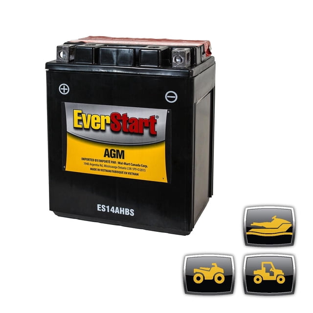 EverStart POWERSPORT ES14AHBS 12 Volt AGM power sports battery with 210 cold cranking amps, black compact rectangular design with yellow and silver EverStart label, positive and negative terminals on top, model ES14AHBS, designed for ATVs, UTVs, personal watercrafts, and lawn mowers, includes dry battery and acid pack for activation.
