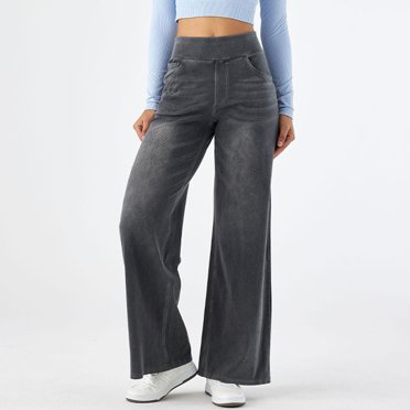 Pull On Wide Leg Jeans For Women High Waisted Stretchy Baggy Trendy Straight Leg Jeans Denim Pants Casual Pants for Women Drawstring Women Pants Casual Straight Wide Leg Pants for Women High Waist