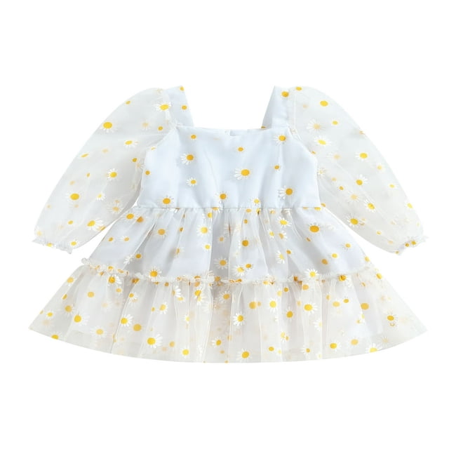 Robe Trapèze pour Bébé Fille, Imprimé Marguerites, Manches Longues, Tulle en Maille, Robe de Fête