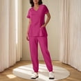 thumbnail image 2 of Yanlir Ensemble Deux Pièces pour Femmes, Blouse à Manches Courtes Boutonnée, Couleur Unie, Col en V et Pantalon à Bas Resserré, Mode (Rose Vif, M), 2 of 6