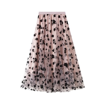 RKSTN Jupes pour Femmes 2024 Jupe Longue Irrégulière de Couleur Unie en Tulle Taille Haute Élastique Broderie Florale Mode Jupe Maxi en Maille