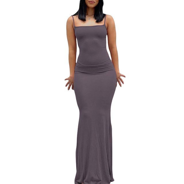 QJUHUNG Women Solid Color Long Dress Sexy Bodycon Stretchy Maxi Lady Spring Fall Summer Spaghetti Strap Dress