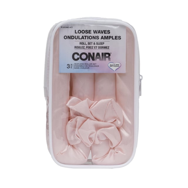 Conair 3 pc Heatless Styling Set with three pale pink satin heatless curlers and scrunchies in a clear reusable zippered pouch, ideal for creating loose waves and casual curls without heat damage or frizz, also suitable for overnight styling.