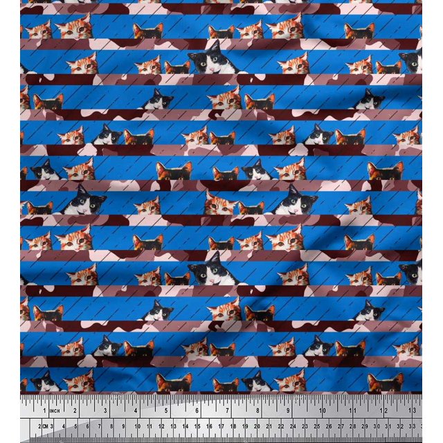 Soimoi Rayon Fabric Diagonal Stripe & Cat Face Animal Printed Fabric 1 Yard 56 Inch Wide