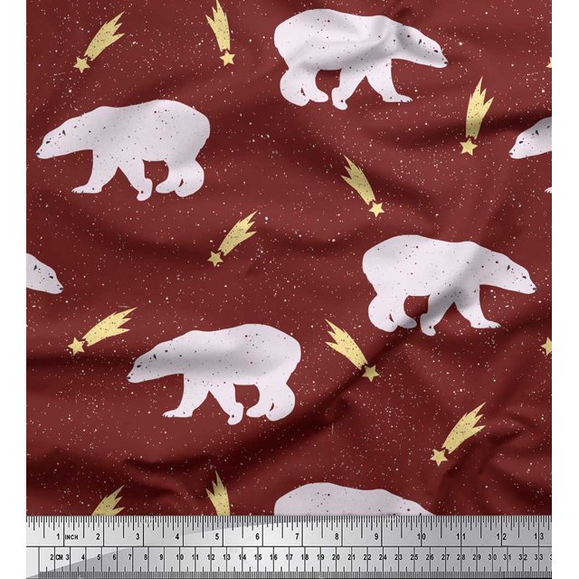 Soimoi Brown Modal Satin Fabric Falling Star & Polar Bear Animal Decor Fabric Printed Yard 42 Inch Wide