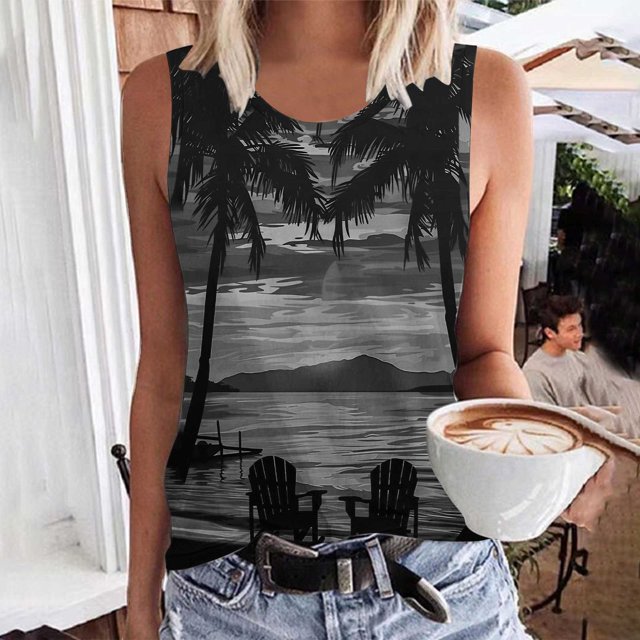 lSLJS Women Floral Printing Tank Round-Neck Sleeveless Block Tunic Tee Tops, Womens Tank Tops