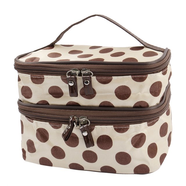 Travel Cosmetic Makeup Bag Organizer Double Layer Dot Pattern Toiletry Bag Case Pouch With Mirror For Woman. This beige bag features brown polka dots, a double-layer design with durable zippers, and a convenient top handle for portability. Made of water-resistant polyester, it is ideal for organizing makeup, toiletries, and daily essentials during travel or outdoor activities.