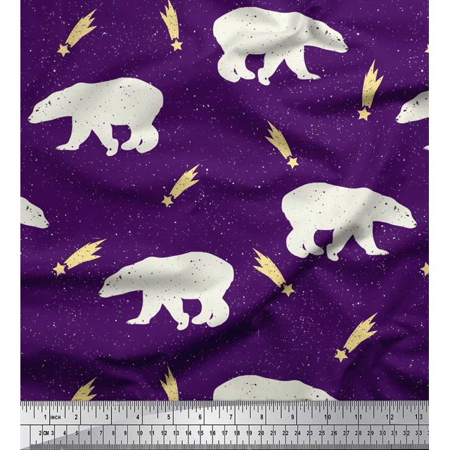 Soimoi Purple Cotton Cambric Fabric Falling Star & Polar Bear Animal Print Fabric by Yard 56 Inch Wide
