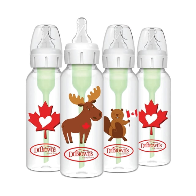 Dr. Brown's Anti-Colic Options+ Narrow Baby Bottles, Level 1 Slow Flow, Moose / Beaver, 0m+, 4 x 8oz Bottles