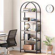 Twister.CK 5 Tier Bookcase, Arched Display Racks Bookshelves, Metal Frame Modern Storage Rack Shelf Large Wood Book Shelf for Bedroom, Living Room, Home Office, Black + Gray