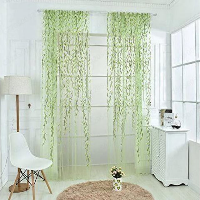 Voile Tulle Room Window Curtain Sheer Voile Panel Drapes Curtain in a pastoral style with a light green leaf pattern. Made of polyester, it measures 100x200cm or 100x280cm and is displayed in a bright, white room with a modern decor. Suitable for use as a door curtain, window curtain, or shop window display. Machine washable on a gentle cycle.
