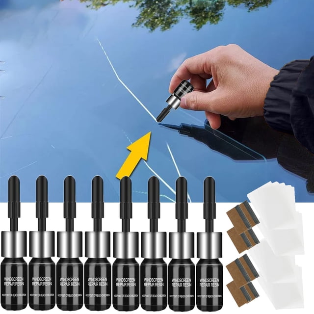 Glass Fix Kit Windshield Crack Kit Car Window Liquid Set Automotive Glass Nano Car Window Glass Crack 8PCS/16ml. The image shows a hand applying the repair tool to a cracked windshield, with eight black resin bottles, curing strips, and other repair accessories displayed below. Designed for automotive glass repair.