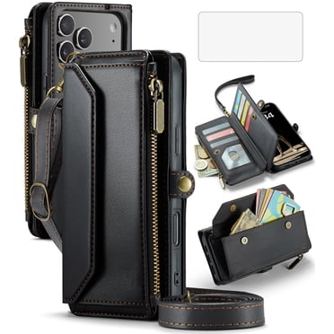 Asuwish Zipper Wallet Phone Case for iPhone 17 Pro Max 6.9 inch Tempered Glass Screen Protector Crossbody Lanyard Strap Flip Card Holder Slot Cell Cover i Phone17 17Pro i17 ProMax Women Men Black