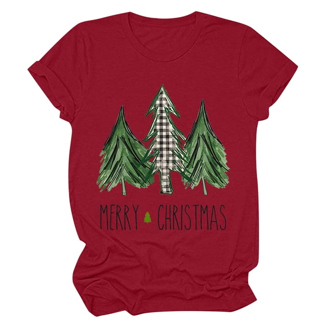 T-shirt Décontracté à Manches Courtes et Col Rond pour Femmes avec Imprimé Arbre de Noël