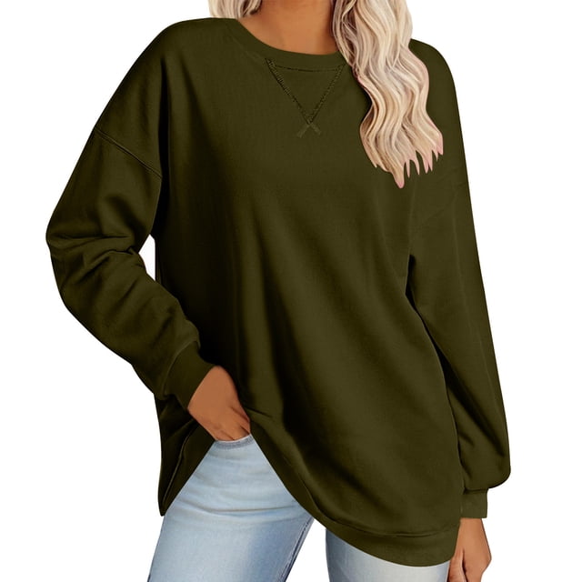 Penkiiy Chandails Surdimensionnés pour Femmes Tendance Décontracté Ample Col Rond Manches Longues Hauts Tenues d'Automne 2024 2TG Vert Armée