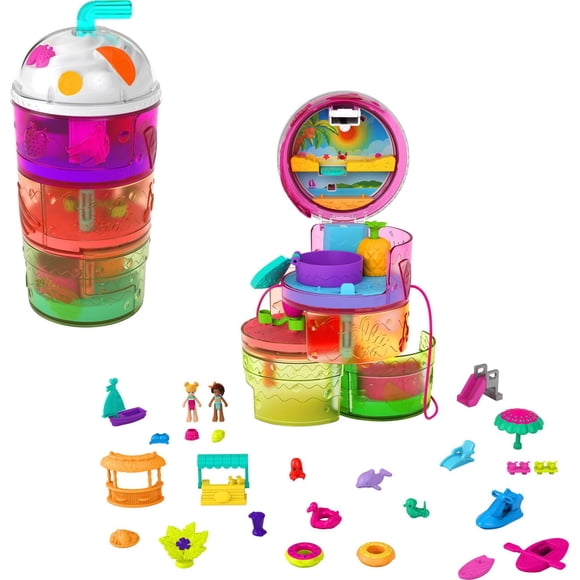 Polly Pocket Spin ‘n Surprise Compact Playset, Tropical Smoothie Shape, Waterpark Theme, 3 Floors, 25 Accessories