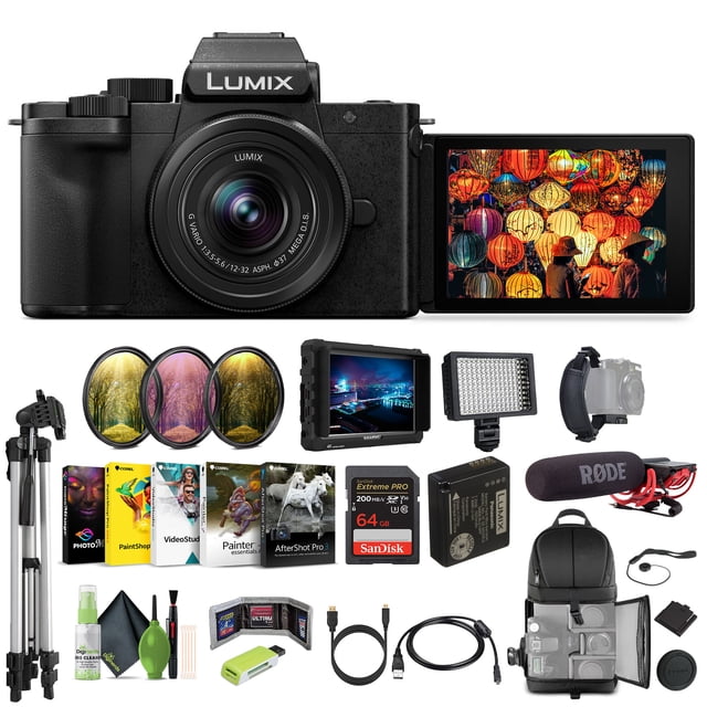 Panasonic Lumix G100D 4K Mirrorless Vlogging Camera with 12-32mm Lens, 20.3MP Micro Four Thirds Vlogger Bundle with Lilliput 7" Monitor + Tripod + Cleaning Kit + RODE Video Microphone + Accessories