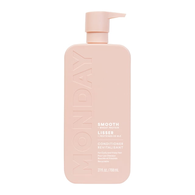 MONDAY Haircare SMOOTH Conditioner with Wheat Protein, Coconut Oil, and Avocado Oil for frizz-prone hair in a 798 mL pale pink rectangular pump bottle, designed for curly and frizzy hair, pH balanced, dermatologically tested, and recyclable.
