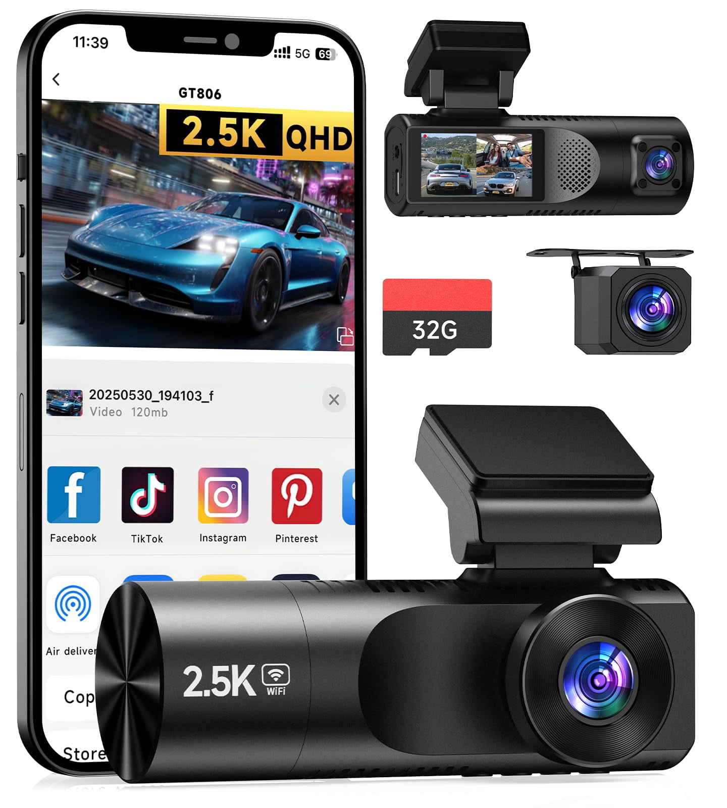 Dash Cam Front and Rear, 2.5K+1080P+1080P 3 Channel Dash Cam with 32GB Card, Wi-Fi Dash Camera for Cars, G-Sensor, Night Vision, 24H Parking, Loop Re